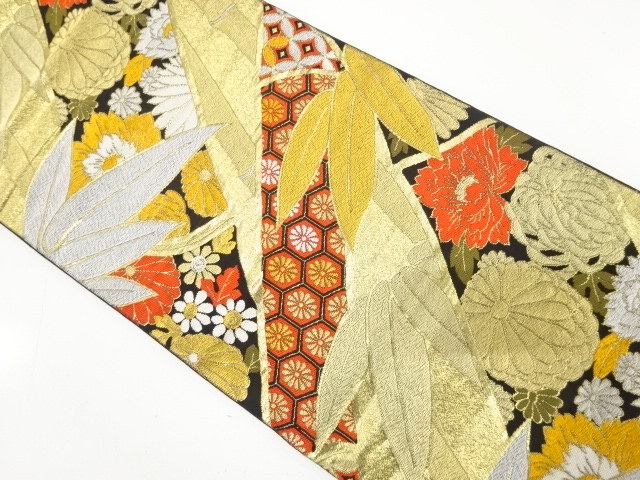 JAPANESE KIMONO / ANTIQUE FUKURO OBI / WOVEN BAMBOO GRASS & KIKU